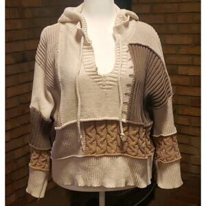 POL L Oversized Patchwork Knit Hood Chunky Sweater Boho Colorblock Pullover